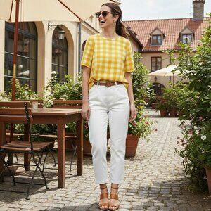 COS Womens Sz 12 Yellow Buffalo Check Short Sleeve Tunic Top Cottagecore